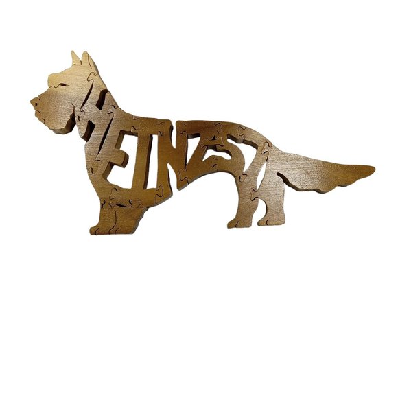 Heinz 57 Dog Wooden Scroll Jigsaw Puzzle Figurine Art Wood USA Signed By Maker - Picture 1 of 6